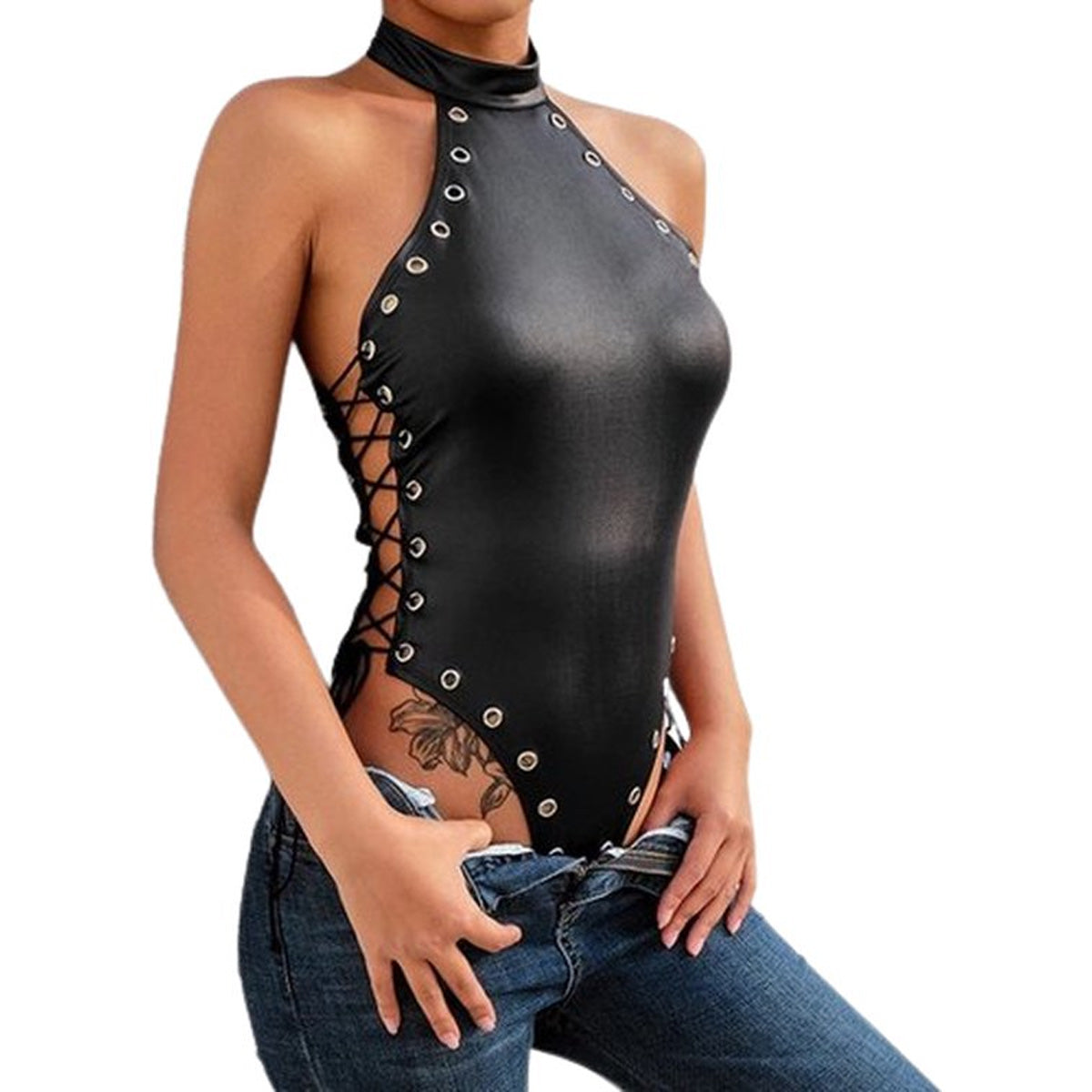 Latex Wetlook Jumpsuit Open Zijkant