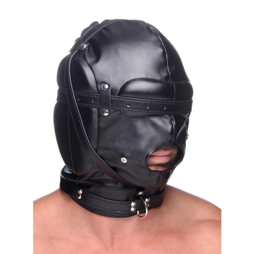 Masker met Gagbal,SM masker, BDSM, extreme SM, premium black, luxe uitvoering, hoge kwaliteitsleer, verstelbaar masker, gagbal inbegrepen, intense ervaring, gevorderde gebruikers, duurzaam materiaal, comfortabel ontwerp, zwart design.