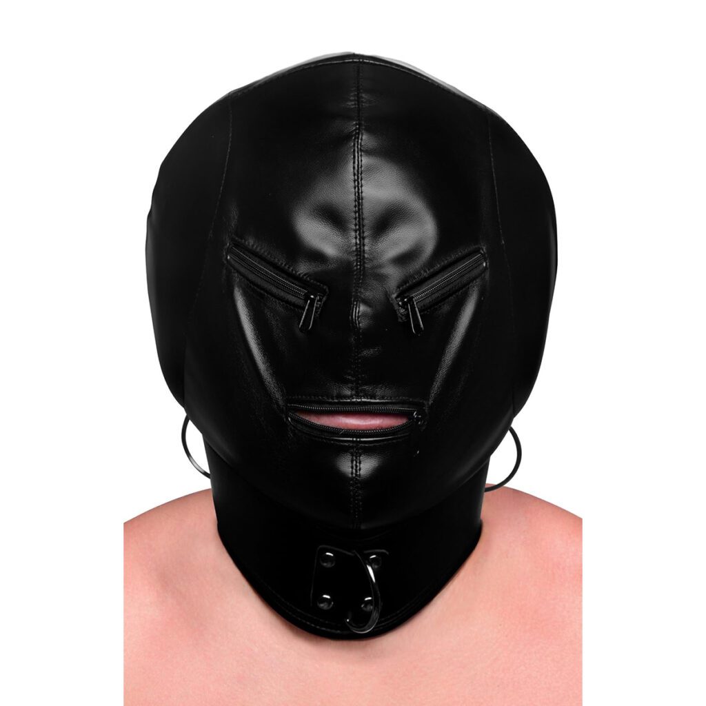 masker, BDSM masker, Pro Black, luxe uitvoering, hoge kwaliteit leer, ritsen bij ogen en mond, verstelbaar ontwerp, BDSM accessoires, gewatteerde delen, comfortabel gebruik, professionele BDSM.