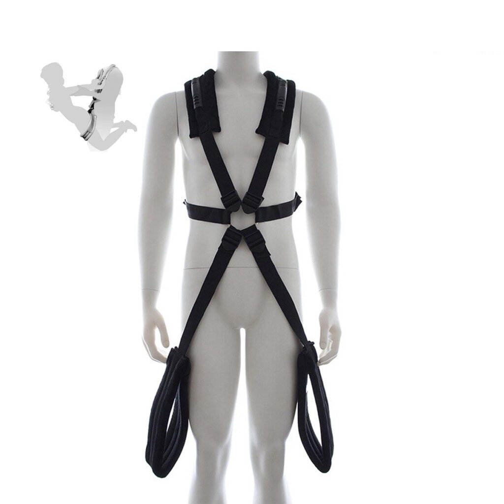 standjes harnas, seks schommel, BDSM, SM, verschillende standjes, luxe materiaal, love swing, benenspreider, verstelbaar harnas, leren afwerking, handvatten, staande seks, waterbestendig, geschikt voor ieder gewicht.