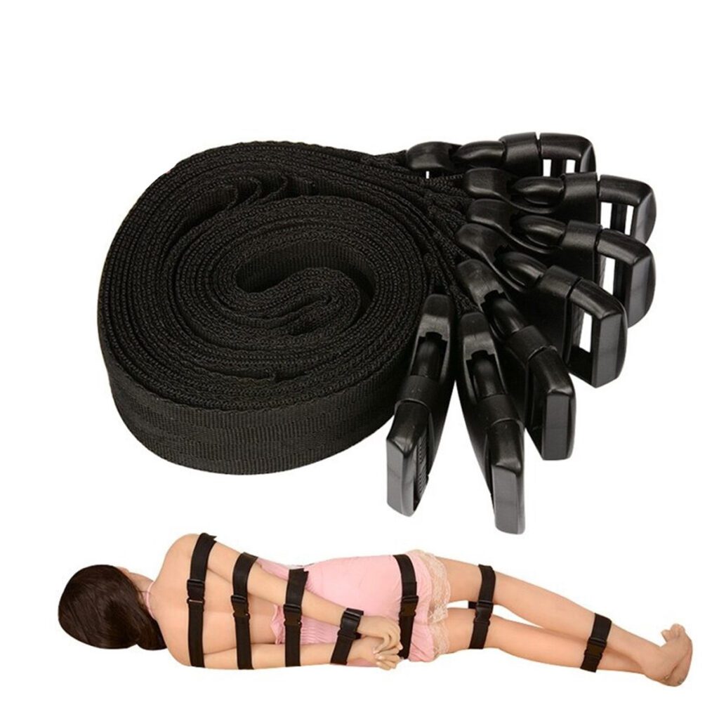 bondage, lichaamsbondage, spanbanden, handboeien, beenboeien, sm, bdsm, zwart, kunststof, vastbinden
