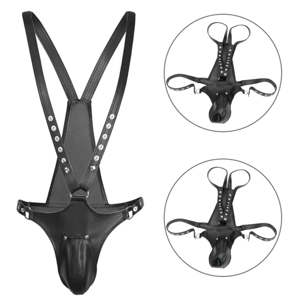 lederen, G-string, harnas, heren, BDSM, SM, kuisheidskooi, verstelbaar, luxe, lingerie