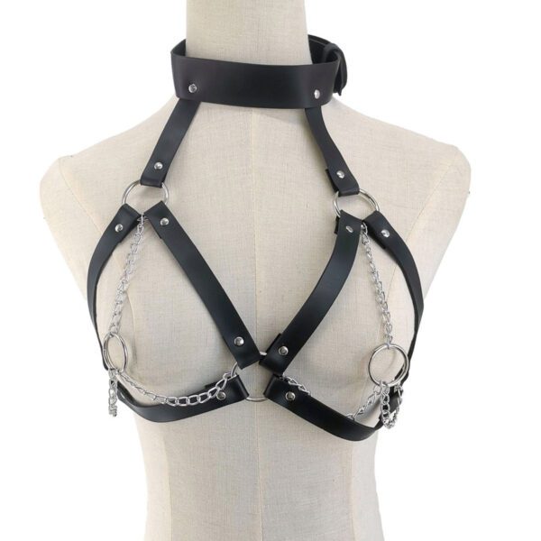 beha, harnas, tepelklemmen, leer, bondage, bdsm, kettingen, halsband, verstelbaar, erotisch