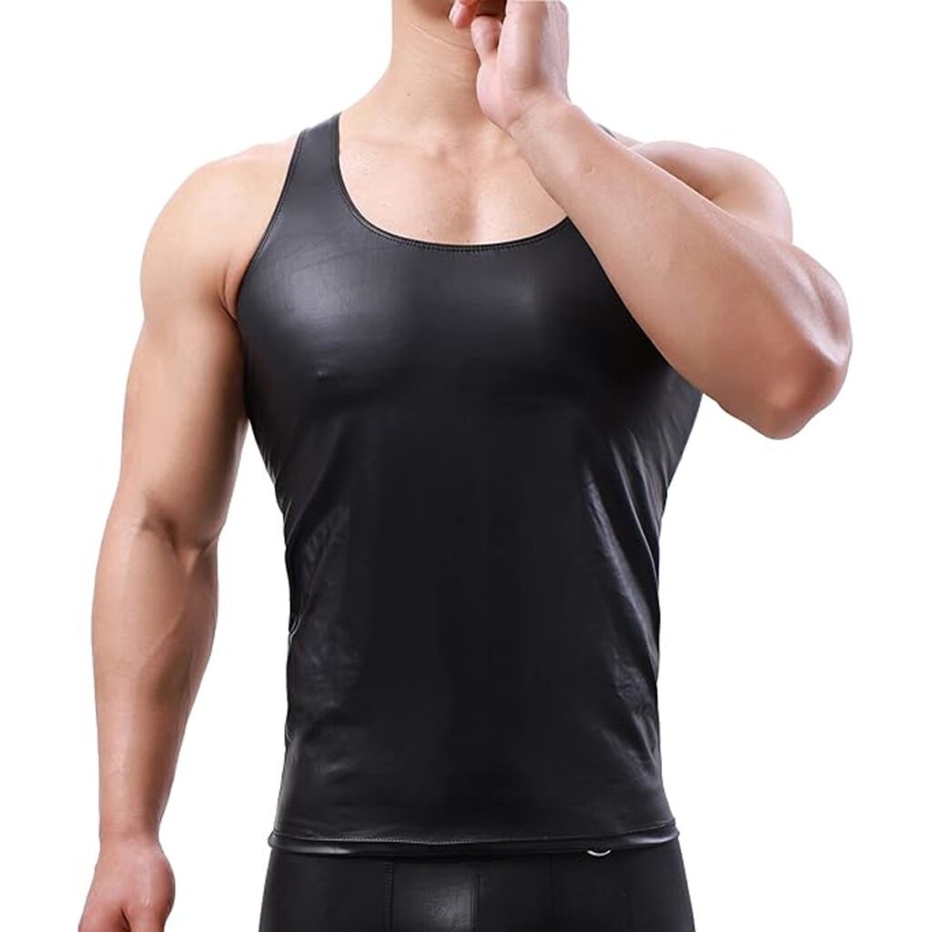 lederen tanktop, heren, sexy, mannen, bodycon, erotisch, rollenspel, zwart, clubwear, kleding
